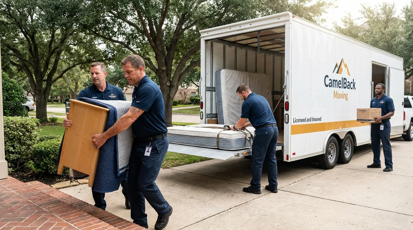Crew loading residential truck for cross-state move from Milledgeville, GA