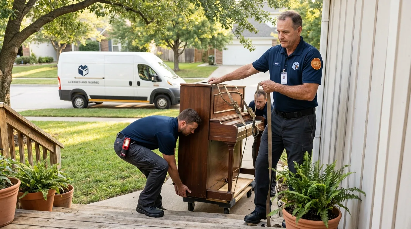 Licensed piano movers securing grand piano in Milledgeville, GA