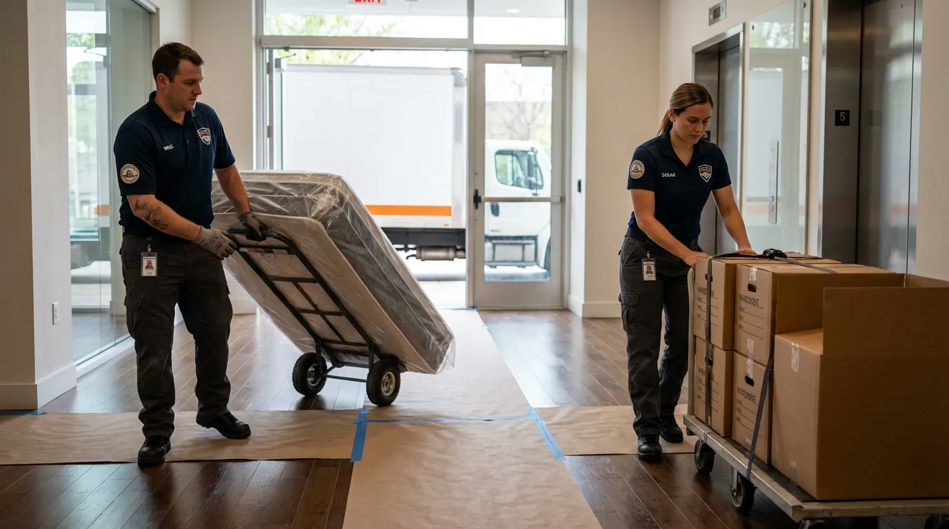 Professional apartment movers loading elevator in Milledgeville, GA