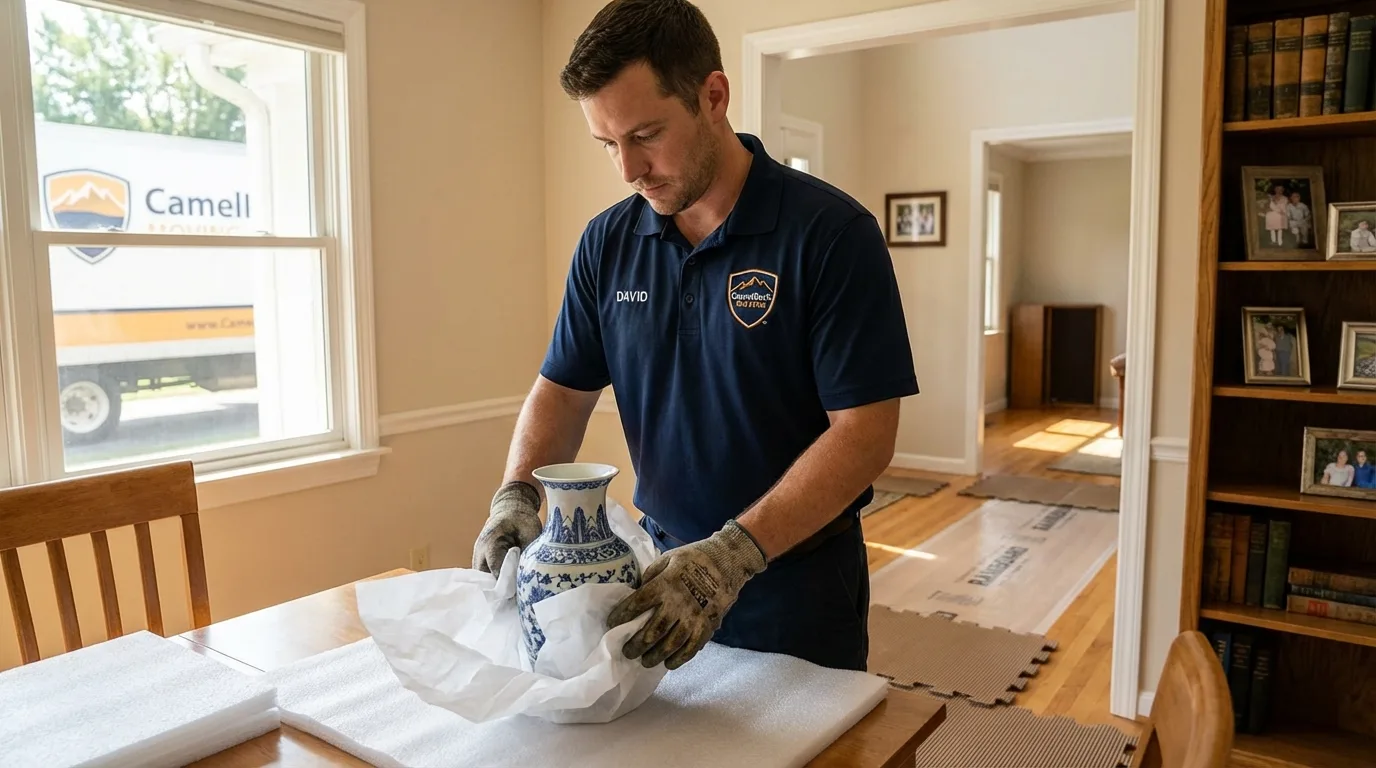 Professional crew carefully wrapping antique vase for senior downsizing move in Milledgeville, GA